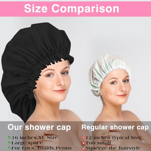 2 PCS Large Shower Cap for Braids - Waterproof Shower Cap for Women, Reusable XL Plastic Shower Caps Jumbo Bath Bonnet for Long Thick Curly Hair, Locs, Twist Braids (Black&Pink) - color: Black+Pink