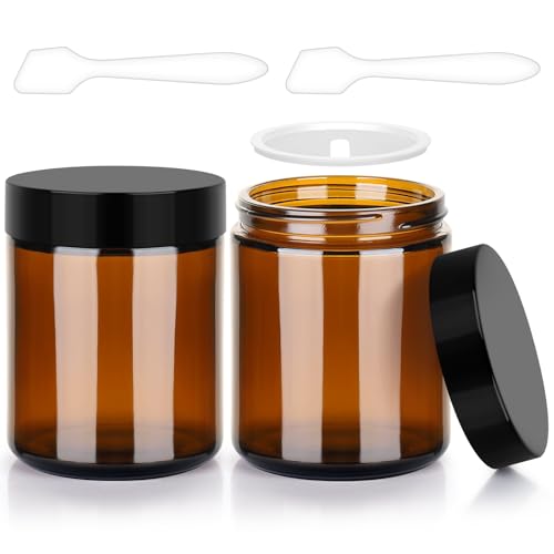 Accmor 8 oz Amber Glass Jars, 2 Pack Candle Jars with Black Lids & Inner Liners, 250g Wide Mouth Leak Proof Round Makeup Sample Containers for Storing Lotions, Creams, Honey, Candle, Jelly - color: Amber, size: 8 Ounce