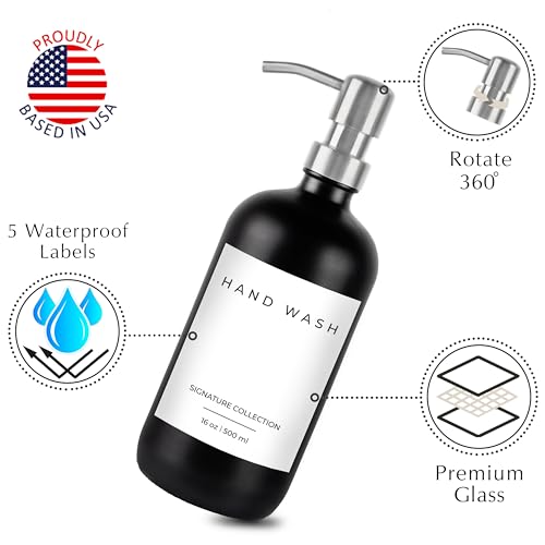 Emerson Glass Soap Dispenser Set - Kitchen & Bathroom, 2 Pack with Pump and Labels - 16 Oz - color: 03 – Black / Stainless Steel