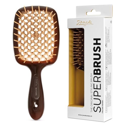 Janeke Superbrush Detangling Brush for Soft Smoothing Hair Brushing with Anti-Static Bristles - Vented Wet Hair Brush for Blow Drying Use - Perfect for Curly, Thick, Wavy, Fine Hair Types (Caramel) - color: Caramel Superbrush
