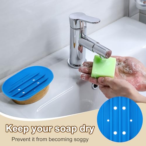 uxcell 3Pcs Small Soap Dish, Silicone Bathroom Soap Holder Oval Shape Bar Soap Dish Self-Draining Soap Tray with Holes for Shower, Bathroom, Kitchen, Counter Top (Blue) - color: Blue