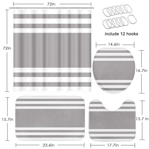 Striped Grey Shower Curtain Set with Toilet Lid Cover and Non-Slip Rugs for Bathroom, Minimalist Modern 4 Pcs Shower Curtain, Neutral Bathroom Set with 12 Hooks - color: Stripes Grey