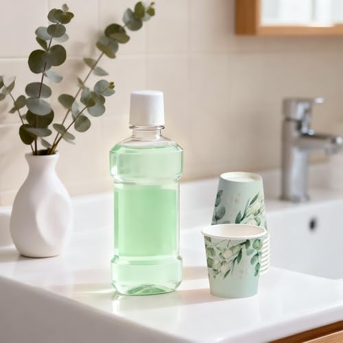 WRAPAHOLIC 3oz Eucalyptus Leaves Paper Cups - 100 Pack Disposable Bathroom Cups with Green Eucalyptus 4 Designs, Small Mouthwash Cup for Toothbrush Rinse, Home Bathroom, Baby Shower and Wedding - color: Green Eucalyptus Leaves