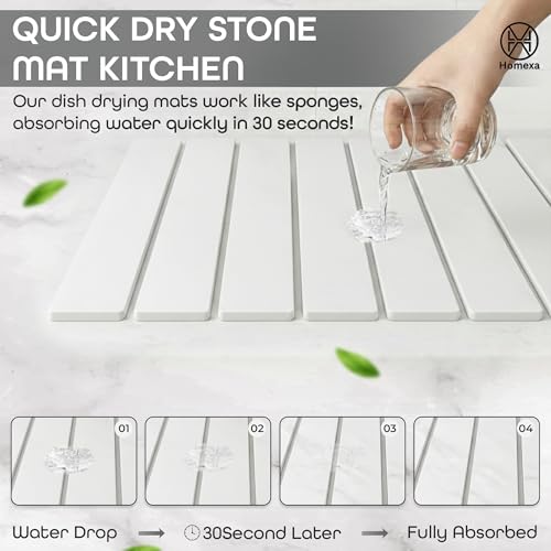 Stone Dish Drying Mat 24" x 16" – Dish Drying Stone Mat – Large Diatomaceous Earth Drying Mat with Non-Slip Base – Quick Dry Kitchen Drying Pad for Dishes, Glassware & Bottles (Solid White) - color: Solid White