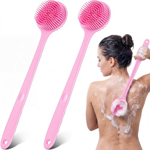 Sunnyray 2 Pack Silicone Back Scrubber for Shower with 15" Long Handle Double-Sided Bath Body Brush for Exfoliating Easy to Clean Quick Dry Deep Cleaning Lathers Well(Pink) - color: Pink