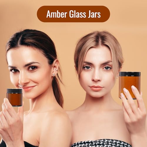 8oz Airtight Glass Jars with Lids, 2 Pack Amber Empty Small Cosmetic jars | Small Cosmetic Containers with Inner Liners, Leak-Proof Travel Jars for Lotions, Scrubs, and Candle Making, Labels & Spatulas - color: Amber-8oz-2pcs