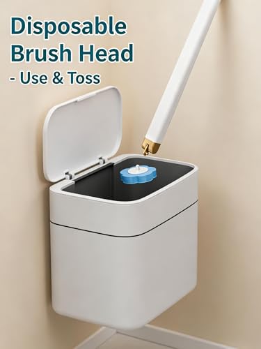 Disposable Toilet Brush Set with 24 Refill Heads, Wall Mounted Bathroom Cleaning Wand, 3-Layer Scrubbing Pads with Built-in Cleaner, One-Click Contactless Replacement, White and Gold