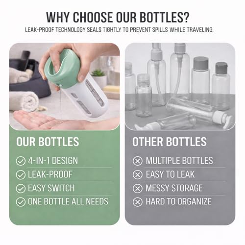 Travigo 4-in-1 Travel Dispenser Bottle, TSA Approved, Leak Proof, Four Reusable 1.4 oz. (40 mL) Toiletry Containers for Shampoo, Conditioner, Soap, Lotion, Skincare (Green) - color: 1 Dispenser (Green)