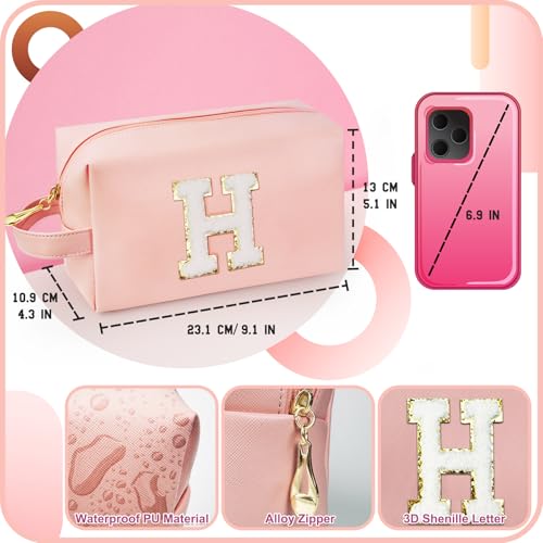 Personalized Initial Makeup Bag with Handle, Preppy Cosmetic Bag with Inner Zipper Pocket, 8 9 10 11 12 13 14 Years Old Girl, Graduation Gifts for Teen Girls Women Teachers (H, Pink) - color: Pink, style: H