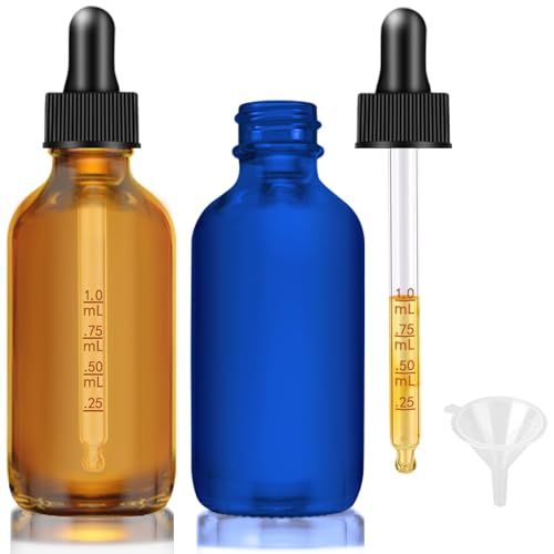 Bumobum Glass Dropper Bottles, 2 oz Amber and Blue for Essential Oils With Funnel, Labels & Pipette - 2 Pack Eye Tincture Dispensing Bottle With Measured Dropper - color: Amber and Blue