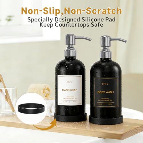 Kitchen Soap Dispenser Set – 16.8oz/500ml Glass Hand and Dish Soap Dispenser with Stainless Steel Pumps & Non-Slip Silicone Base, Luxury Countertop Decor for Home, Airbnb, Restaurant (Black & Silver) - color: Black & Silver