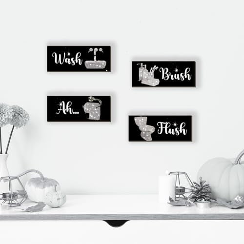 4 Pcs Silver Bathroom Decor Funny Silver And Black Wall Art Wooden Bathroom Accessories Modern Funny Glitter Set for Home Toilet 10x4 Inch - color: Silver, size: 10 X 4 Inch