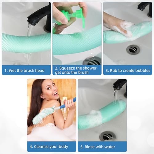 15.35" Back Bath Brush with Sponge,Back Scrubber Bath Mesh with Curved Long Handle Bath Body Brush for Elderly Aid Bathing and Shower - size: Black+Pink Handle