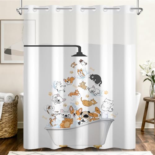 No Hook Shower Curtain and Snap in Liner Set, Cute Cartoon Cats & Dogs Bath Time Print Shower Curtains for Kids Pet Lovers Bathroom, Funny Waterproof Bath Curtain with Mesh Top, 71x74 Inch - color: Cat & Dogs