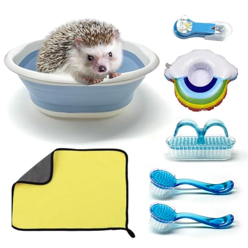 7 Pcs Hedgehog Bath Supplies Kit, Small Animal Bath Supplies Include Bathtub, Nail Clippers, Cleaning Brushes, Towel, Swim Ring for Pet Hamster Hedgehog Guinea Pig Rabbit Cat Kitten