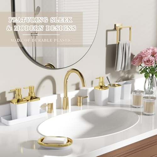Bathroom Set - 11PC Bathroom Accessory Set, Bathroom Accessories Set, White Bathroom Set, Push-lid Trash Can, 3PC Soap Dispensers, Toilet Brush & Q-tip Holders - color: White & Gold, size: Bath Set
