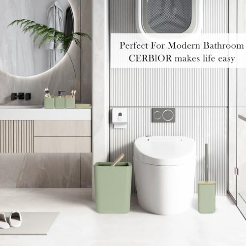 CERBIOR Bathroom Accessories Set 6 Piece Bamboo Bath Ensemble Includes Soap Dispenser, Toothbrush Holder, Toothbrush Cup, Soap Dish for Decorative Countertop and Housewarming Gift (Green) - size: Complete Set, style: Green