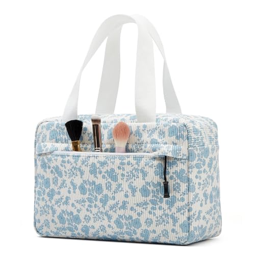 Large Makeup Bag for Women Corduroy Cosmetic bag Make up Bags Zipper Pouch with handle Cosmetic Organizer Toiletry Bag for Travel Storage - color: 13-Blue Flower