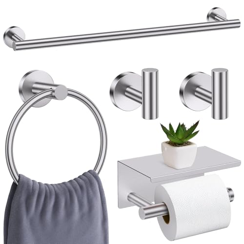 Brushed Nickel Bathroom Hardware Set, 5 Pieces Towel Bar Bathroom Accessories, Upgraded Toilet Paper Holder with Shelf Set, 23.6 Inch Towel Rack Towel Holder for Bathroom Wall - color: Brushed Nickel, size: 5 Pieces B
