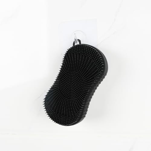 Silicone Body Scrubber, Double Sided Exfoliating Brush with Soft Flexible Bristles, Scalp Massage and Shampoo Tool with Hanger Loop (Black) - color: Black