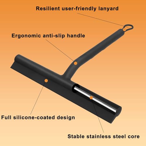 Squeegee for Shower Glass Doors, Resilient Loop - No-Drill & Adhesive Hook, Silicone Shower Squeegee with Stainless Steel Core, Cleaning Tool for Home, Kitchen, Bathroom & Car - Black - color: Black, size: with loop