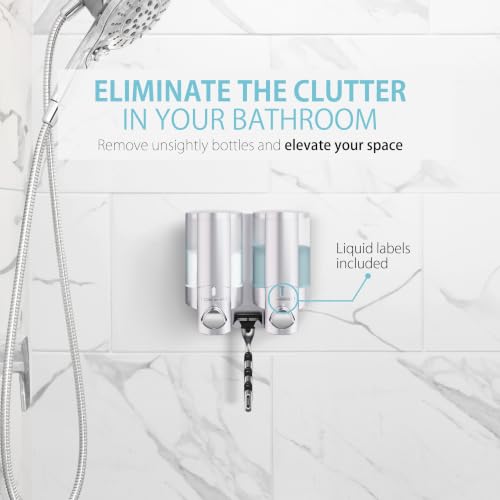 Better Living Aviva Wall Mount Shower Dispenser, 2 x 11oz, Satin Silver | 2 Chamber, Shampoo, Conditioner, Body Wash and Soap Dispenser, Built-in Hooks, No Drill, Waterproof Shampoo Soap Dispenser - color: Satin Silver, size: 2-Chamber