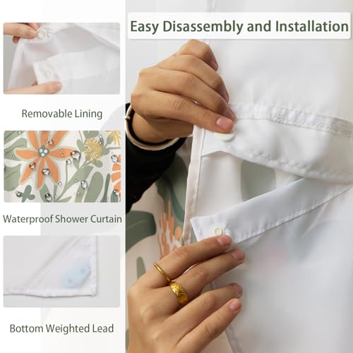 Floral No Hook Shower Curtain and Liner Set 71 x 74 Inch | Boho Sage Green and Orange Flower, Waterproof Bath Curtain for Modern and Matisse Bathroom, Hotel Decor, Breathable Mesh Top - color: Green and Orange
