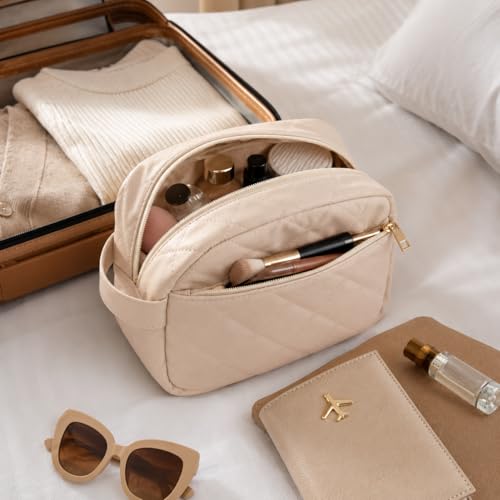 Travel Makeup Bag for Women | Quilted 9 x 4.5 x 6 in PU Leather Double-Layer Cosmetic Organizer with Mesh and Zipper Pockets, Travel Toiletry Bag, Beige - color: Quilted