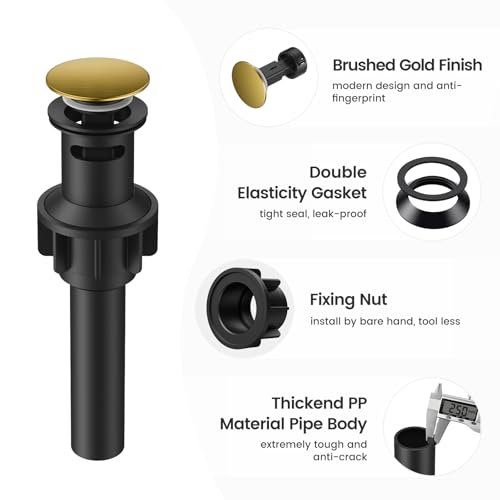 Bathroom Sink Drain with Overflow, Hurran Universal Bathroom Sink Stopper for Bathroom Vanity Vessel Sink, Plastic Pop-up Sink Drain with Hair Catcher Anti-Clog Strainer, 2 Pack, Brushed Gold | Hurran Bathroom Sink Stopper for 1.65"-1.9" Hole, Plastic Pop