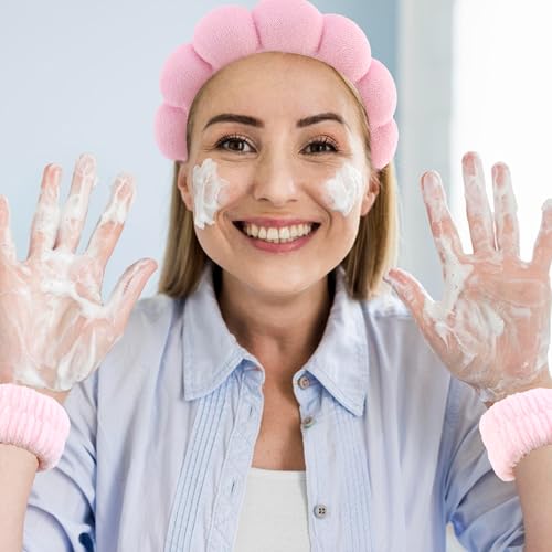 Pink Headband Hair Bonnet For Sleeping Shower Cap For Women Reusable Waterproof Skincare Head Bands Hair Accessories For Women Satin Bonnet Spa Headband Wrist Bands for Washing Face
