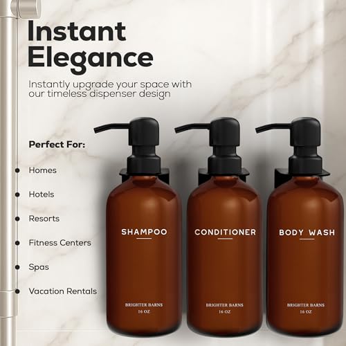 Amber Shampoo and Conditioner Dispenser Set Wall Mounted by Brighter Barns - Plastic Shower Dispenser Set - 3 Chamber Drill Free Shampoo Bottles - Modern Bathroom Decor for Guest Bathroom, Spa (Amber) - color: Modern (Amber)