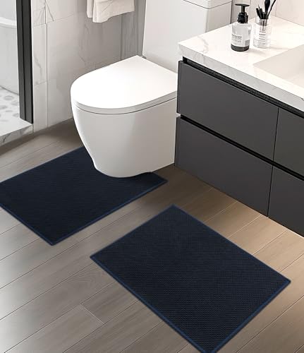 YIHOUSE Bathroom Rug Mat Sets, Ultra Thin Quick Dry Bath Mat, Absorbent Bath Mat for Bathroom Non Slip Machine Washable Bath Rug 2 Piece(Blue) - color: Dark Blue, size: 2 Pieces (U-Shape)