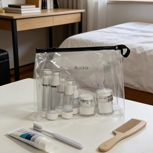 13 Pack Big Travel Size Containers, Airless Pump Bottles Jar Kit | 1.7 1 0.5oz, Clear, TSA Approved, Leak Proof, Refillable, Jars for Travel Home Toiletries, Lotion, Liquid, Cream