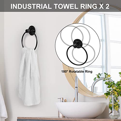 Industrial Bathroom Hardware Set 10 Pieces Bath Towel Bar Set Includes Round Towel Ring Hand Toilet Roll Holders for Wall 18 and 25 inch Towel Rack Robe Towel Hooks Black Bathroom Accessory Towel Kit - size: 10 Pieces