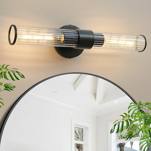 Bathroom Vanity Light Fixtures, Black Wall Sconces in Threaded Glass, Modern Wall Light for Bathroom Living Room Bedroom, Hallway - Bulb Not Included - color: Black-Threaded Glass