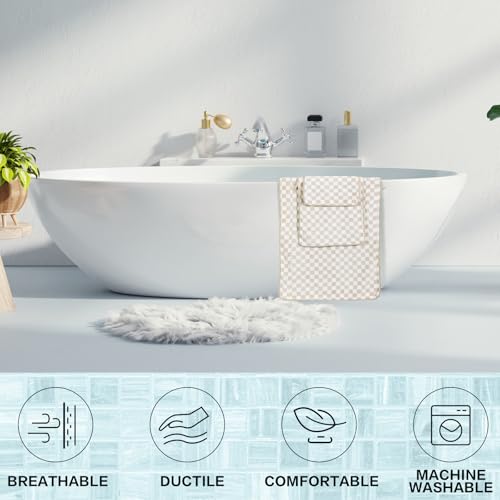 Kinlop 6 Pcs Checkered Bath Towels Set Back to School Lightweight Coral Washcloth Quick Dry Patterned Thin Coral Fleece Hand Towel for Bathroom Gym Spa Beach Accessory(Beige,Checkered) - color: Beige, style: Checkered