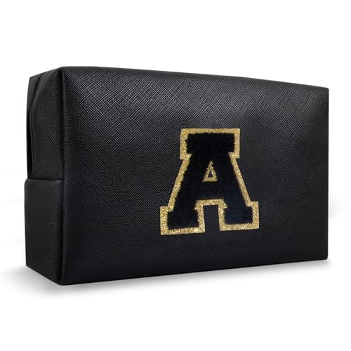 Personalized Initial A-Z Preppy Patch Makeup Bag,Small PU Chenille Letter Cosmetic Bag with Zipper for Teen Girls,Black Cute Toiletry Organizer Bag,Monogram Makeup Case Gift for Women Girls,Letter A - color: Black,Black-Letter, size: A