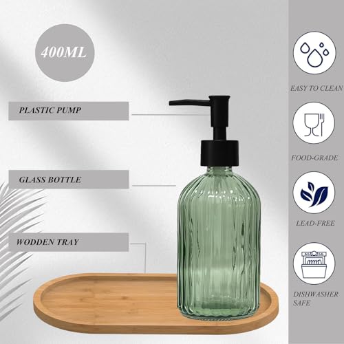 Glass Hand and Dish Soap Dispenser Set of 2 with Plastic Pumps, Bamboo Tray, 13.5oz Green Bathroom Soap Dispenser with Vertical Stripe for Hand Wash & Dish Wash, Ideal for Bathroom Kitchen Countertop - color: Green