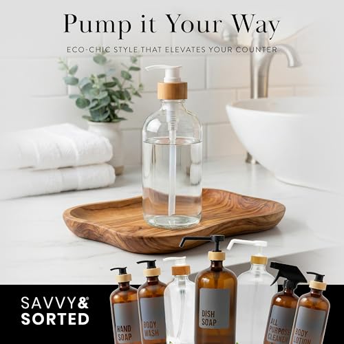 SAVVY & SORTED Glass Hand Soap Dispenser Bathroom, Dish Soap Dispenser for Kitchen Sink, Refillable Clear Glass Bottles with White Bamboo Pump for Liquid Hand Wash, 17 Fl Oz / 500 ml - color: Clear Bottle - 500 Ml