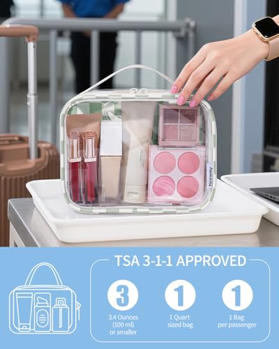 Narwey TSA Approved Toiletry Bag Carry on Clear Toiletry Bag Makeup Bag, Airport Airline Quart Size Travel Bags, Waterproof Portable Compact Cosmetic Make up Organizer Bag (Mint Green Checkerboard) - color: Mint Green Checkerboard