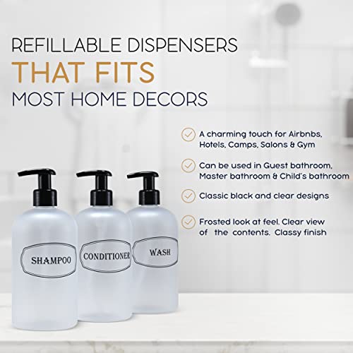 16 oz Plastic Shampoo Conditioner Wash Dispensers (Frosted) | pump bottles, lotion pumps, high-viscosity, clear matte finish, shower containers - color: Clear/White/Black