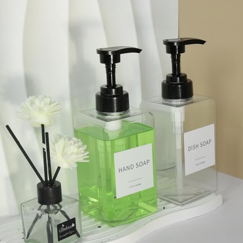 Clear Soap Dispenser with Waterproof Labels, Thickened Plastic Hand Soap Dispenser for Bathroom, Kitchen Dish Washing Liquid Bottles, Shampoo and Conditioner Bottles with Funnel (15oz 2Pack Clear) - color: 15oz 2pack Clear