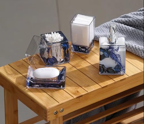 Blue Clear Bathroom Accessories Set,4PCS Flower Acrylic Bathroom Accessory Sets Complete, Lotion Soap Dispenser, Tumbler, Qtip Holder, Soap Dish, Modern Bathroom Décor Set, Gift for Home - color: Blue-4pcs