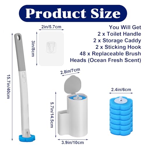 2 Pack Disposable Toilet Brush and Holder Set, Extended Handle Toilet Bowl Cleaner Wand with 48 Refills Replacement Heads Pads Bathroom Maintenance Bathtub Stick Cleaning System Starter Kit
