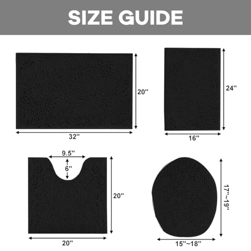 RUN HELIX Bath Rug Set 4 Piece - Non Slip Bath Mats, Soft Shaggy Absorbent Bathroom Mat Set with U-Shaped Toilet Mat, Black - color: Black, size: 1'8" x 2'8" (Square + oval + U-shape)