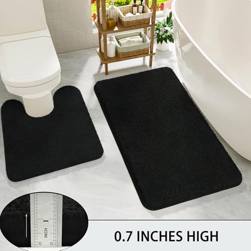 HOMORE Black Bathroom Rug Set 2 Piece,Soft Absorbent Bath Mats Set,Machine Washable Bath Rug Sets for Bathroom Non Slip,(21"x34"+21"x21") Plush Shaggy U Shape Contour Toilet - color: Black