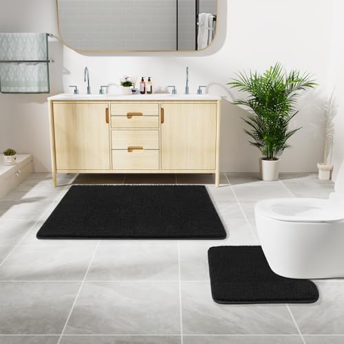 LOCHAS Bathroom Rugs Sets 2 Piece, Soft Non Slip Bath Mat Set, 20''x20'' U-Shaped Toilet Rug and 34''x21'' Black Bath Rugs, Washable Absorbent Chenille Toilet Rug Set for Bathroom, Shower, Sink - color: Black