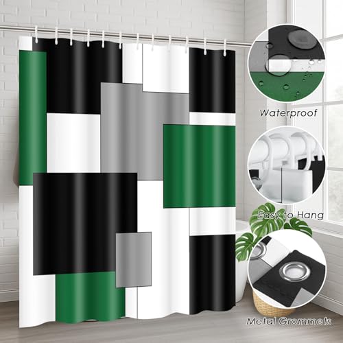 Green Geometric Shower Curtain Set with Toilet Lid Cover and Non-Slip Rugs for Bathroom, Grey Black White Checkered 4 Pcs Shower Curtain, Modern Abstract Bathroom Set with 12 Hooks - color: Abstract Geometric Green