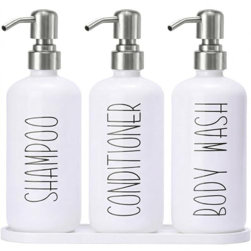 MOMEEMO Refillable Shampoo and Conditioner Bottles with Tray, Shower Shampoo Dispenser for Shower, Body Wash Dispenser for Shower, Shampoo Conditioner Dispenser with Stainless Steel Pumps (White) - color: White Silver