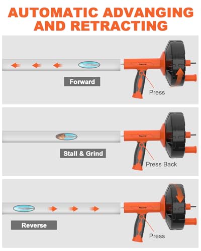 33FT Drain Snake Auger with Auto-Feed Manual/Powered, Drain Clog Remover Tool for Sink, Toilet, Shower & Tub, Professional Plumbing Snake, Gloves & Storage Drum, Easy Clear Hair Clogs